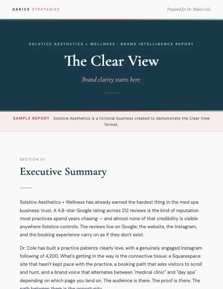 The Clear View — sample report cover with interior pages fanned behind it
