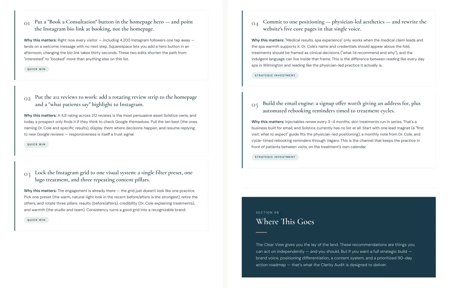 Clear View sample PDF showing five prioritized brand moves from Darice Strategies